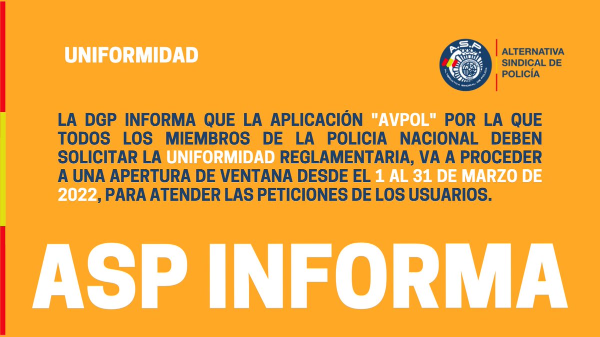 PoliciaASP's tweet photo. 📢 #ASPInforma
La #DGP informa que las aplicación "𝗔𝗩𝗣𝗢𝗟" por la que todos los miembros del #CNP deben solicitar la #uniformidad reglamentaria, va a proceder a una apertura de ventana desde el 1️⃣ al 3️⃣1️⃣ de marzo, para atender las peticiones de los usuarios.
#Policia https://t.co/IjKjJVcjci