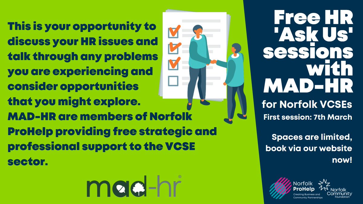 MAD-HR are offering FREE advice to answer your VCSEs Human Resource questions. For everything from conflict resolution to contracts, book a session now! <a href="/NorfolkCF/">Norfolk Community Foundation</a> norfolkfoundation.com/what-we-ve-bee…