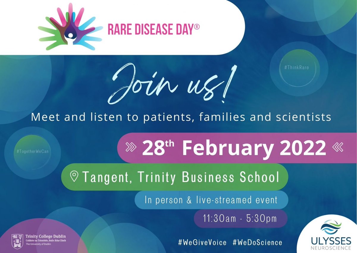 We're delighted to take part in this event later this morning! Hosted by @UlyssesNeuro at @TCDTangent as part of #RareDiseaseDay: rarediseaseday.org/event/rare-dis… #WeGiveVoice #WeDoScience #RareDiseaseDay2022