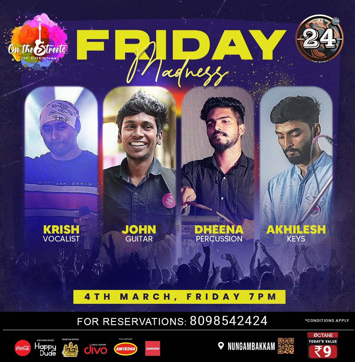 24TheSpirit's tweet photo. Get ready for one complete awestruck musical Friday Madness with the boys of onthestreetsofchennai happening again at  our Resto bar @24thespirit, nungambakkam chennai

This Friday eve 7PM onwards let’s indulge in in musical treat 🎶🍾 that awaits to entertain u! 
RSVP 8098542424 https://t.co/BHbxbtXx89