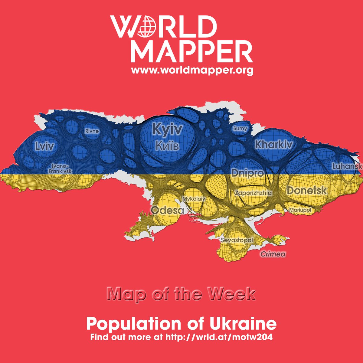 Map of the Week: Population of Ukraine - find out more at wrld.at/motw204 #maps #cartograms #cartography #worldmapper #motw #ukraine #population #populationcartogram #people