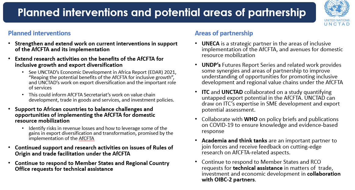 <a href="/ecojrd1/">Junior Davis</a> of @unctad presented the key areas of interventions, planned programmes and potentials partnerships with the UN and various actors towards the overall goal of #inclusive implementation of #afcfta <a href="/UNDPAfrica/">UNDP Africa</a> <a href="/ITCnews/">International Trade Centre (ITC)</a> <a href="/AfCFTA/">AfCFTA Secretariat Official</a>