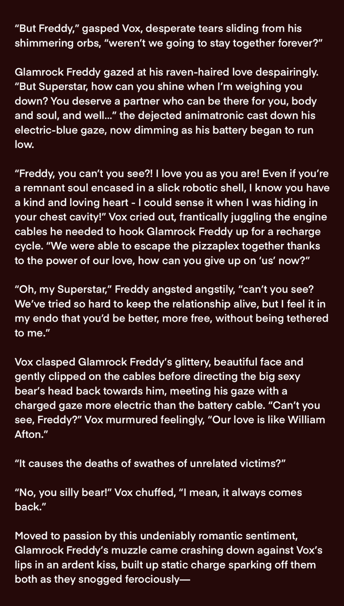 lyflysmaybe's tweet photo. Milord asked for fanfic but he didn’t ask for GOOD fic 🦍
Vox x Glamrock Freddy, post Security Breach true ending, PG rating

1st image is meme + writing, 2nd is same writing on solid background for better legibility, 3rd is meme without writing, come get y’alls juice
#kinfiction https://t.co/cKeRXhmycz