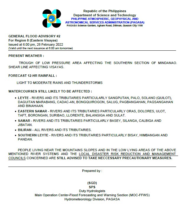 PAGASAFFWS's tweet photo. General Flood Advisories (GFAs)
Issued @ 6PM, 28 FEBRUARY 2022
Region 7 (Central Visayas) - #GFA2
Region 8 (Eastern Visayas) - #GFA2
Region 11 (Davao Region) - #GFA8 FINAL
Region 13 (CARAGA) - #GFA8 https://t.co/byHVcOzbXm