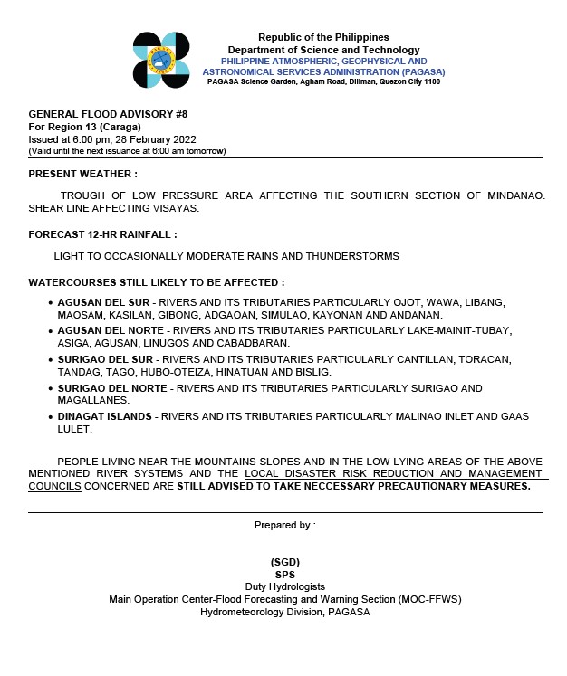 PAGASAFFWS's tweet photo. General Flood Advisories (GFAs)
Issued @ 6PM, 28 FEBRUARY 2022
Region 7 (Central Visayas) - #GFA2
Region 8 (Eastern Visayas) - #GFA2
Region 11 (Davao Region) - #GFA8 FINAL
Region 13 (CARAGA) - #GFA8 https://t.co/byHVcOzbXm