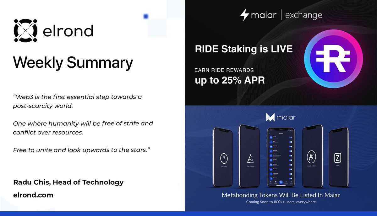 Last week in $EGLD ⬇ 
 
1/
💹 Metastaking Phase 1: $RIDE staking is LIVE
🌍 Mainnet upgrade: v1.2.38.1
⚡️ New <a href="/MaiarExchange/">X Exchange</a> listing: $ZPAY
🛠  Builder spotlight: DeFi toolkit by Erebor
🌊 @IsengardMarket joins Metabonding
🛠  Weekly #elrondtech