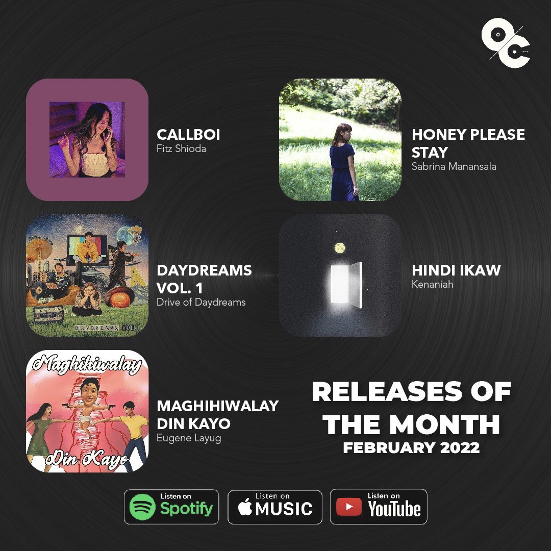 Here are the February 2022 #OCRecords releases for y'all to listen! 🙌🏼 Expect more throughout the year. Thank you for always supporting! 

<a href="/FShioda/">Fitz Shioda</a> <a href="/driveofddreams/">Drive of Daydreams</a> <a href="/eugenelayug/">Eugene Layug</a> <a href="/sabmanansala/">sabrina manansala</a> <a href="/imkenaniah/">Kenaniah</a> 
#AdjustYourFrequency