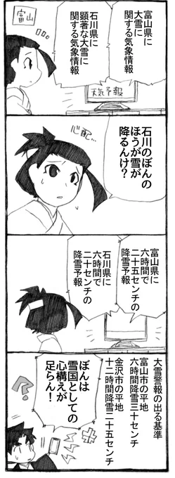 頂いたコメントより、描かせて頂きました。
ありがとうございます!

私の地元で大雪警報が出る基準は、12時間の降雪の深さ10センチ(平地)でした。

#うちのトコでは #うちトコ #四国四兄弟 
