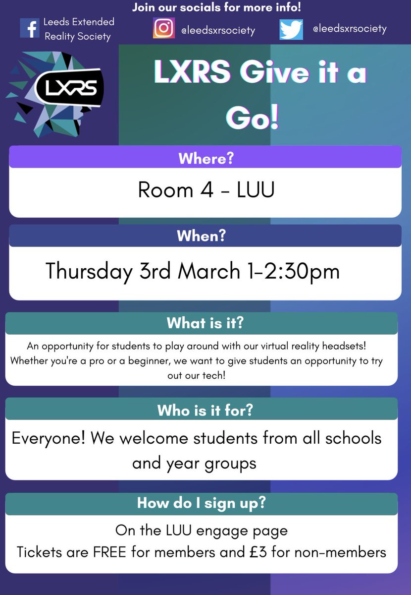 Don’t miss our next give it a go session
🗓Thursday 3rd March
🕑1-2:30pm
📍LUU Room 4
🎟Tickets are £3 or, pay £5 for your membership and get free access to all future events! 
😆Come say hey, meet friends &amp; play with our headsets‼️