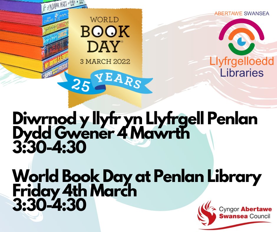 Discovermore's tweet photo. World Book Day at Penlan Library
Friday 4th March
3:30-4:30
Stories, crafts & dress up as your favourite character.
Free books for children!
#PenlanLibrary
@EnjoySwansea
@SwanseaCouncil
@WorldBookDayUK https://t.co/yFBNqdnBFP