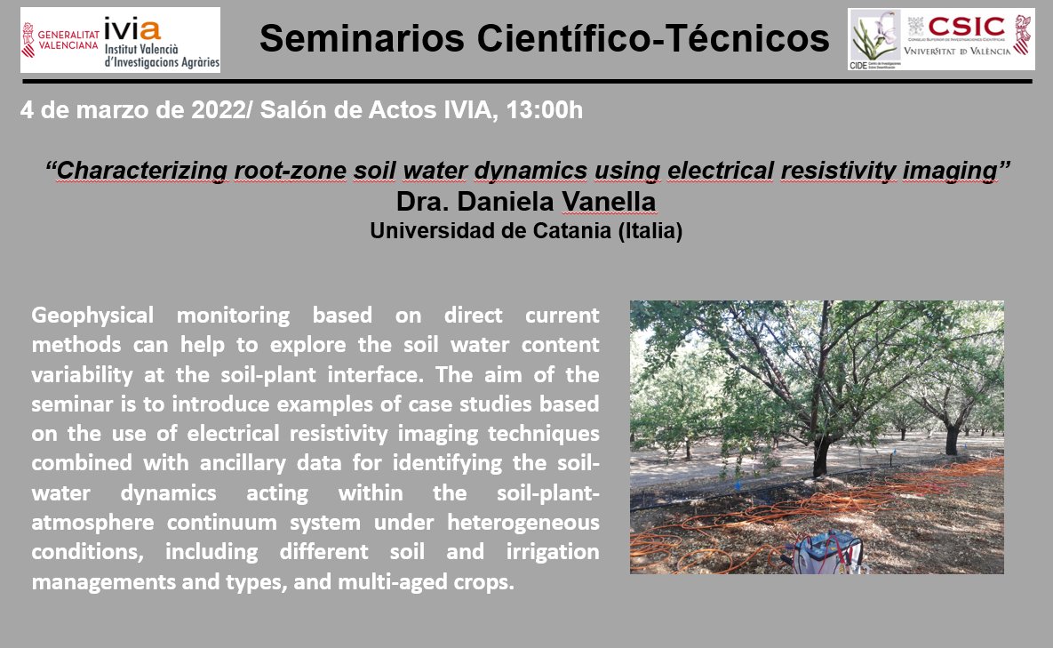 GVAivia's tweet photo. Seminario científico-técnico: Characterizing root-zone soil water dynamics using electrical resistivity imaging

🗣️Dra. Daniela Vanella (@vanielas) - Universidad de Catania (Italia)
🗓️04/03/22. 13:00h.
📍Salón de Actos del IVIA. https://t.co/7qaKYwOWOq