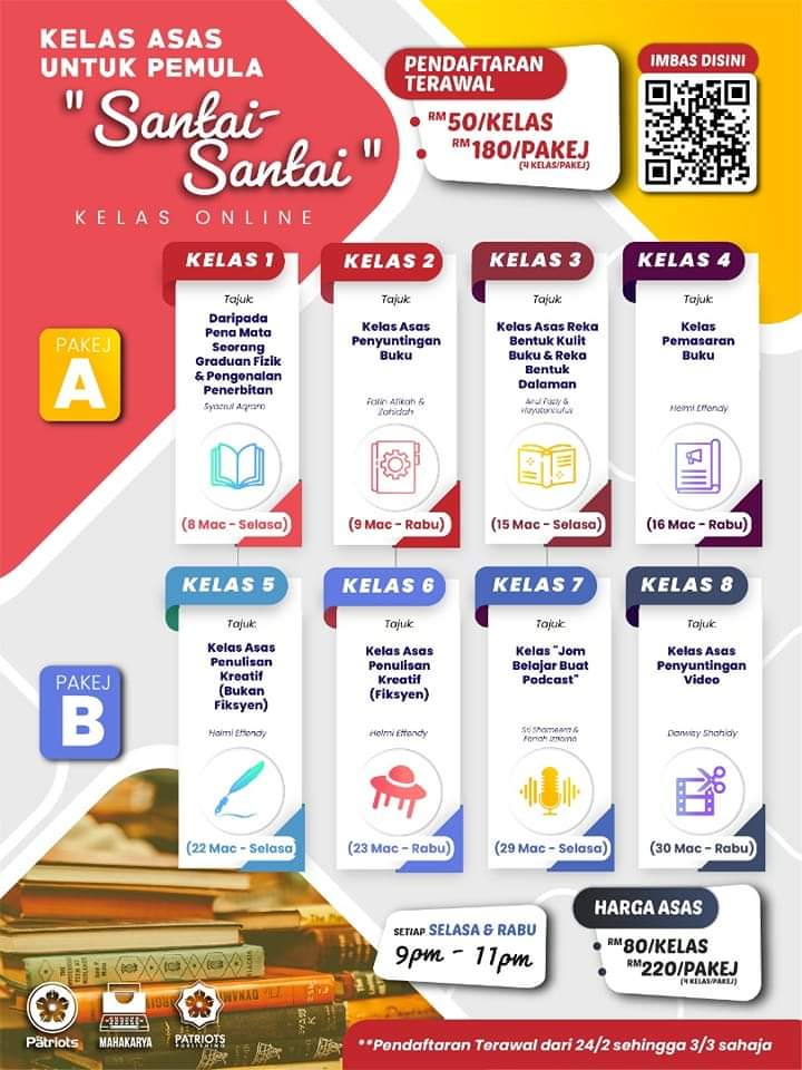 <a href="/thepatriotsasia/">The Patriots</a> akan buat Kelas Asas Untuk Pemula.

Ala, belajar asas penulisan &amp; penerbitan buku secara santai-santai je. Tenaga pengajar pun hebat dan berpengalaman antaranya <a href="/syazrulaqram/">Syazrul Aqram</a>

Jadi kami nak belanja la kepada sesiapa yang nak masuk kelas ni.

Syarat-syaratnya: