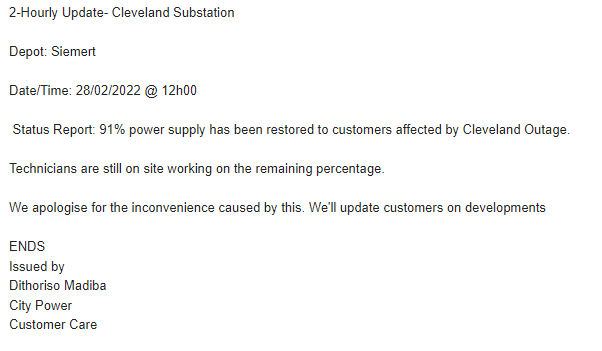 CityPowerJhb's tweet photo. #JoburgUpdates
#ClevelandOutage #retoration
We regret the inconvenience caused to our affected customers. ^DR https://t.co/qkHDlFN7ct