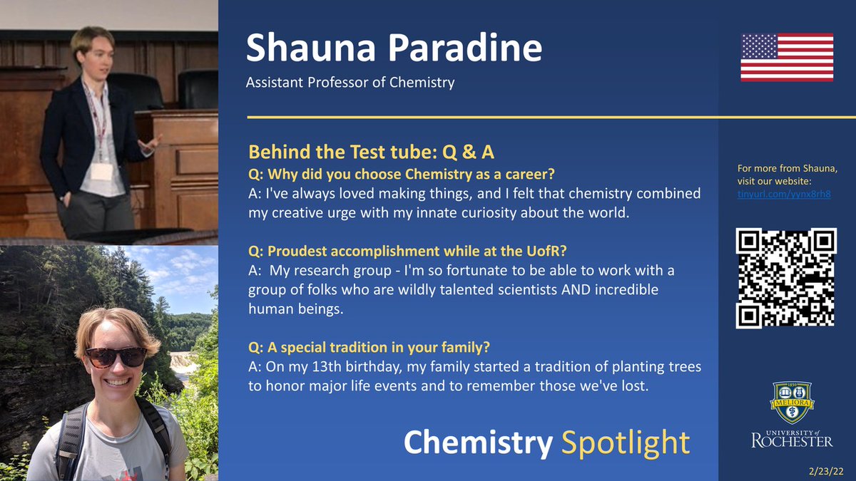 URochesterChem's tweet photo. And we're back with our Chemistry Spotlights! Today, we feature a spotlight on Shauna Paradine, Assistant Professor of Chemistry!! Shauna is a creator of molecules and lover of catalysis and an absolute asset to our community! 
https://t.co/Vctc4NCudu https://t.co/zurJgVdZNj