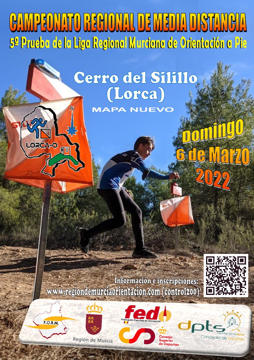 🏆 5ª prueba de la Liga Regional Murciana de O-Pie 2022 y 🏆Campeonato Regional de Media Distancia

📆 6 de marzo de 2022

📍 Cerro del Silillo (Lorca)

📝 Inscripciones, hasta el miércoles 2 de marzo a las 23:59h: control200.com/InfoEvento.asp…

#5LRMO2022 #orientacionmurciana
