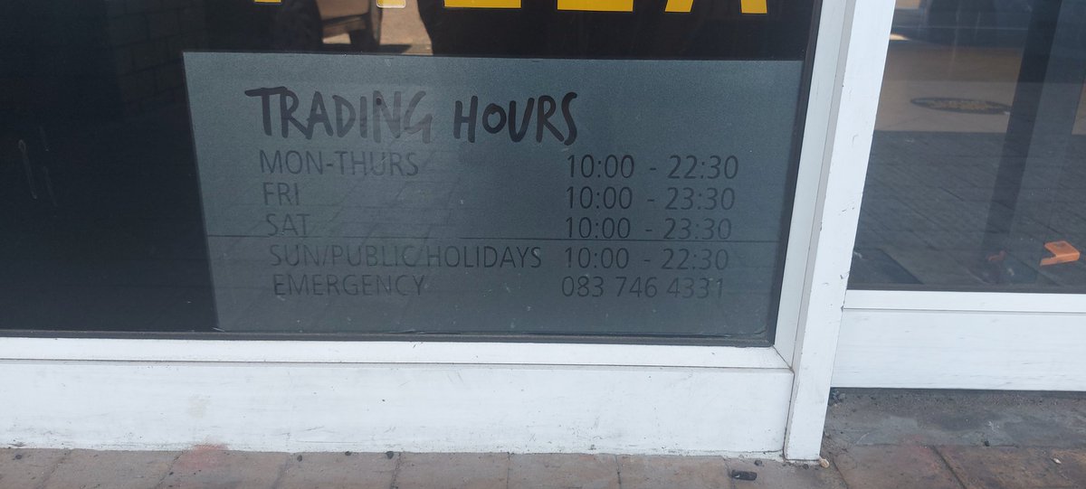 Mkan69's tweet photo. @DebonairsPizza Grassy Park is at it AGAIN with exceptional service. Times on the window indicate that they open at 10h00. I suggested they change  time indicated on the window and she abruptly says "No we don't have to change it. Everyone knows that we open at 13h00 on Mondays" https://t.co/Oz2gyjrKQ0