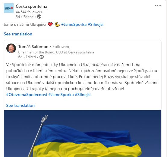 NCP40's tweet photo. 👏 Naši partneři se aktivně zapojují do pomoci Ukrajině. @ABRASoftware , @Ceskasporitelna , @TMobile , @SvazPrumyslu , @CVUTPraha , @VUTvBrne , @vsbtuo , @AutoSAP_CZ , @PocketVirtual a další. Děkujeme a podporujeme. https://t.co/5eVlCPQcJI