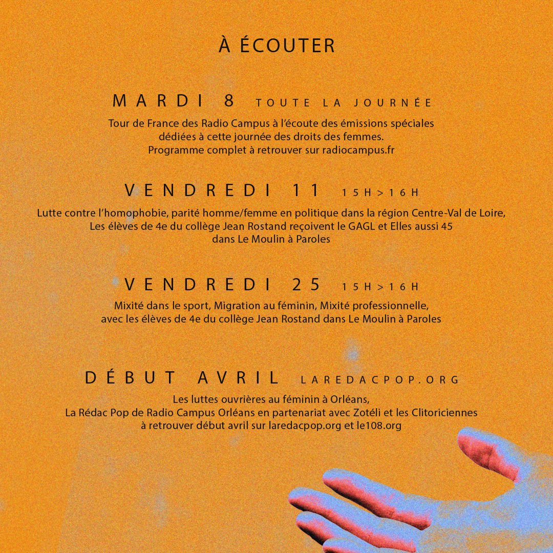 ✊Hola tout le monde, en mars on thématise notre antenne autour de l'égalité des sexes et des genres. Tout le programme est à retrouver juste en dessous 🤗orleans.radiocampus.org/le-mois-de-leg…
#8mars #égalité