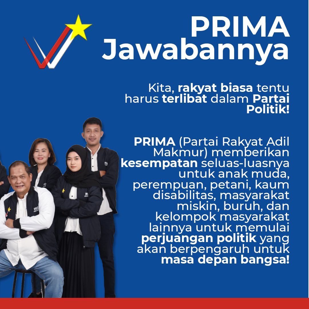 Anda rakyat biasa pesimis dengan Partai Politik? Jangan pesimis, kamu masih punya harapan kok. Yuk gabung PRIMA!
<a href="/agusjabo333/">Saya Rakyat Luar Biasa</a> <a href="/domingguso/">Dominggus Oktavianus</a> 
#IndonesiaPRIMA #PartaiPRIMA #MenangkanPancasila