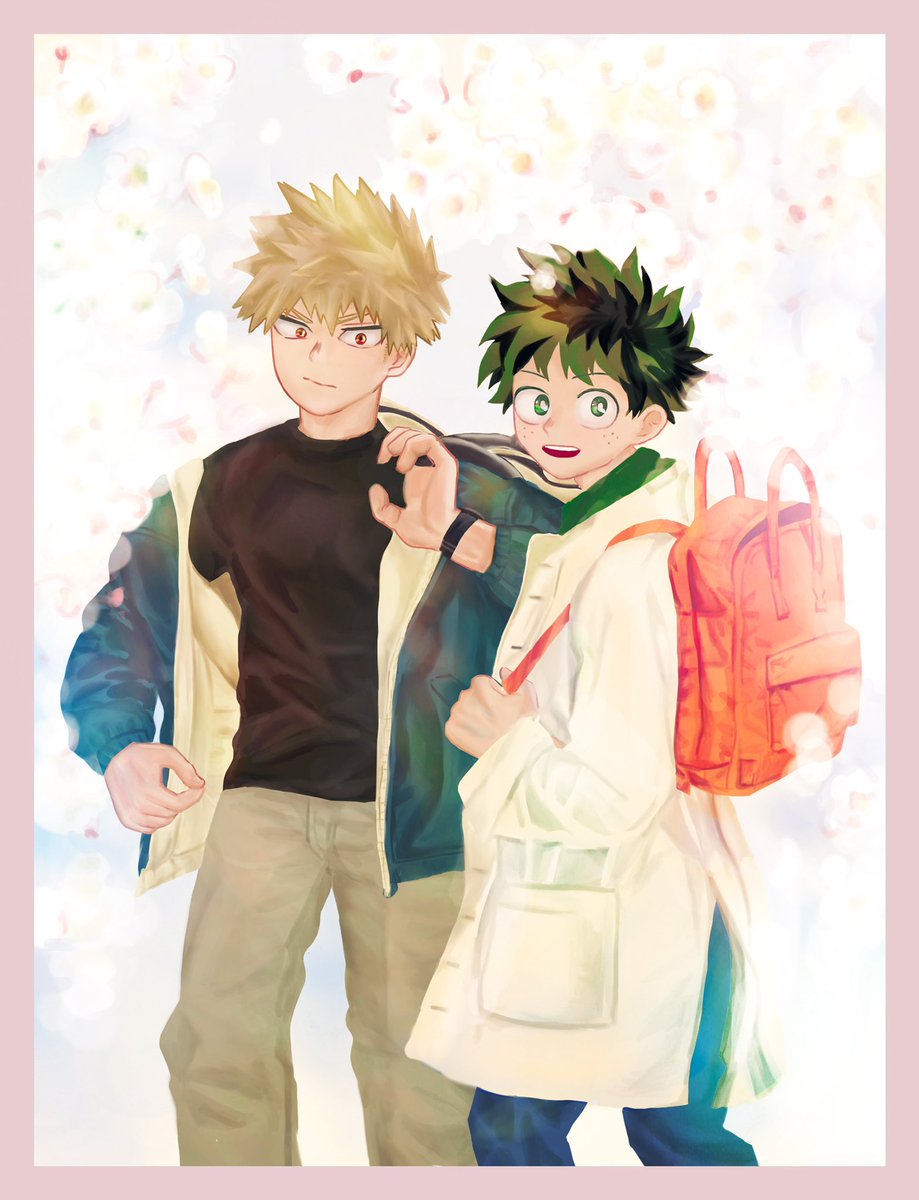 bakugou katsuki ,midoriya izuku multiple boys 2boys male focus backpack spiked hair blonde hair freckles  illustration images