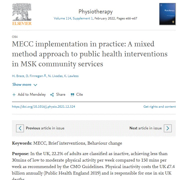 DarrenFinnegan2's tweet photo. MECC Implementation in MSK Practice:

-Abstract Published 🙌
->44k conversations and counting!
-All staff trained in MECC 

-Now time to reflect and refine:
-the conversations
-the efficacy
-the timing of when/how they happen!
#MECC #MSK #Physio https://t.co/obloYOpCoO