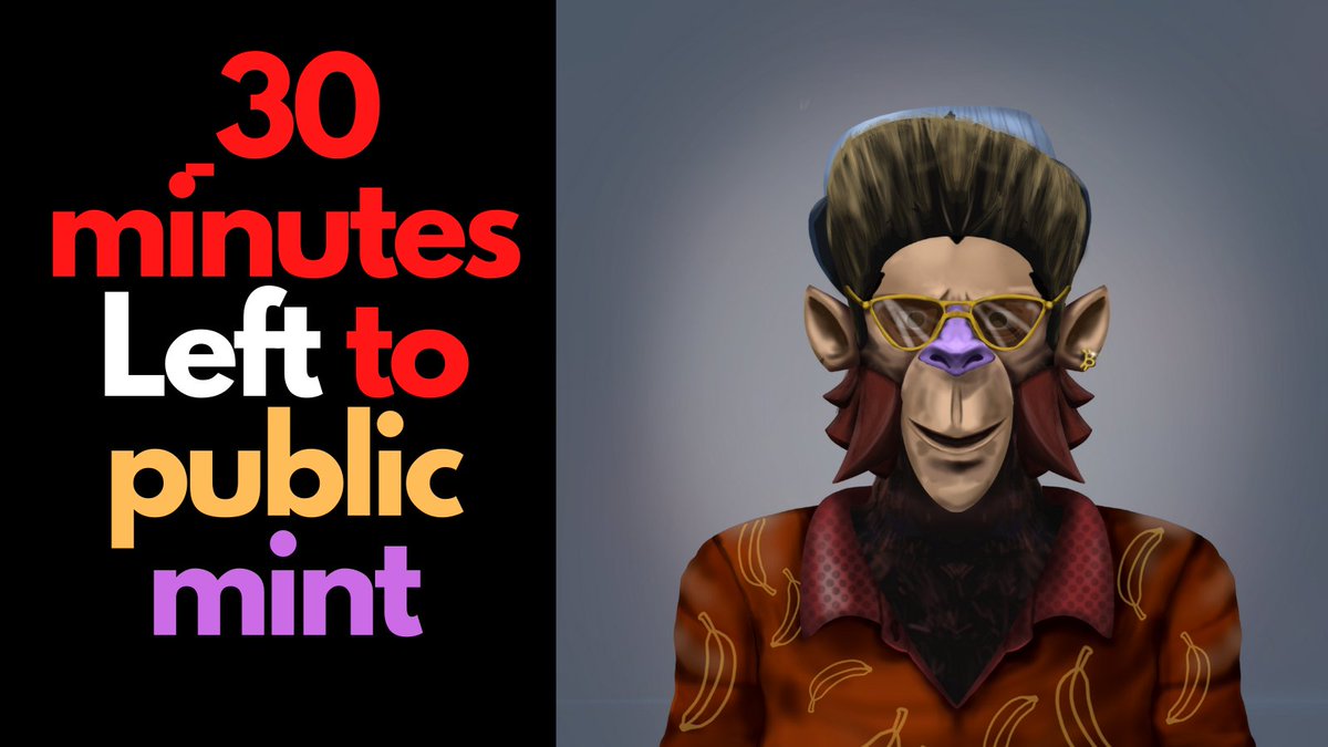 30 Minute Left to Public Mint!
Public mint Starts Today [28th February] 18:00 UTC

#solanamonkeyapes #sma #NFT #NFTs #SolanaNFTDrop #SolanaNFTs #NFTartist #NFTCollection #NFTdrop

Discord : discord.gg/nE6BUUqvdf