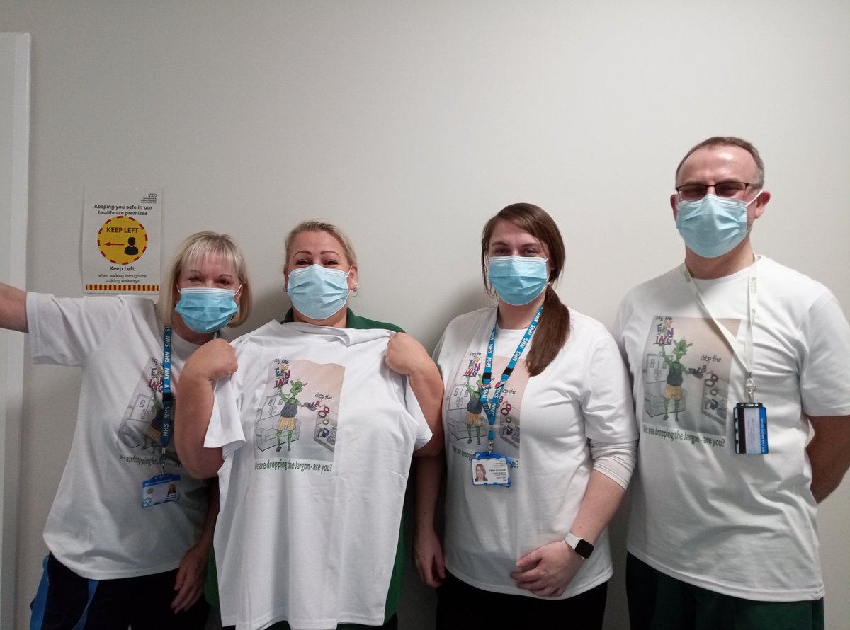 Karen Stafford🌱🌻💚 (@kags_pocketot) on Twitter photo Patients & staff have highlighted the use of jargon and how this can be a barrier with engagement and delivering a truly Person-Centred care
OT Staff getting involved with the #dropthejargon campaign wearing t-shirts designed by patients
<a href="/currey_sue/">Sue Currey</a> <a href="/Margare18027884/">Margaret Michael</a> <a href="/WeAreLSCFT/">Lancashire & South Cumbria NHS Foundation Trust</a> Patients & staff have highlighted the use of jargon and how this can be a barrier with engagement and delivering a truly Person-Centred care
OT Staff getting involved with the #dropthejargon campaign wearing t-shirts designed by patients
<a href="/currey_sue/">Sue Currey</a> <a href="/Margare18027884/">Margaret Michael</a> <a href="/WeAreLSCFT/">Lancashire & South Cumbria NHS Foundation Trust</a>