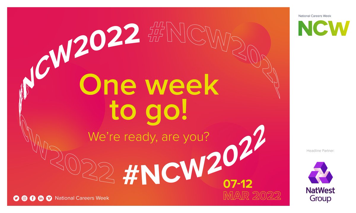 A week to go until the start of National Careers Week! 

Don't forget to share your plans throughout the week with the hashtag #NCW2022 to get involved! 

Remember to check the <a href="/CareersWeek/">National Careers Week</a> website to make use of all their resources buff.ly/3BZ9CTt!