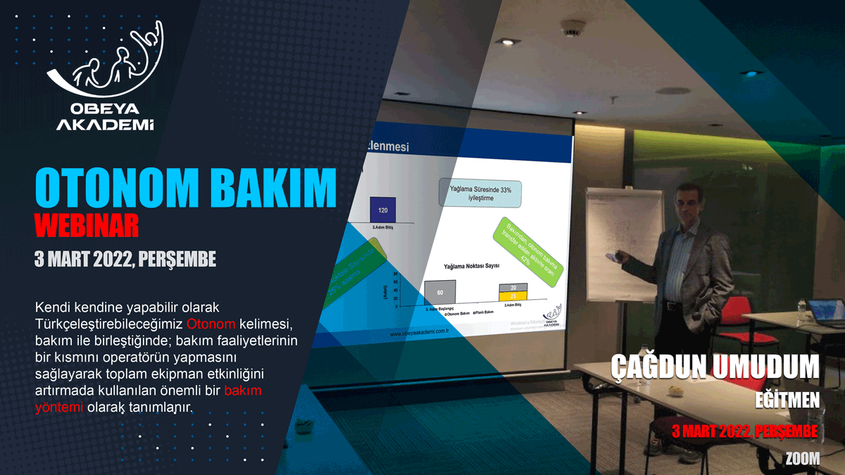 Otonom Yönetimi
Sıfır kayıplı sistem/makine yaratmak
Operatör yetkinliklerini arttırmak
3 Mart 2022, Perşembe
20.00-22.00 | Zoom
obeyaakademi.com.tr/event/webinar-…
#etkinlik #eğitim #otonombakım #bakımyönetimi #tpm #yalınüretim #yalınyönetim #kaizen