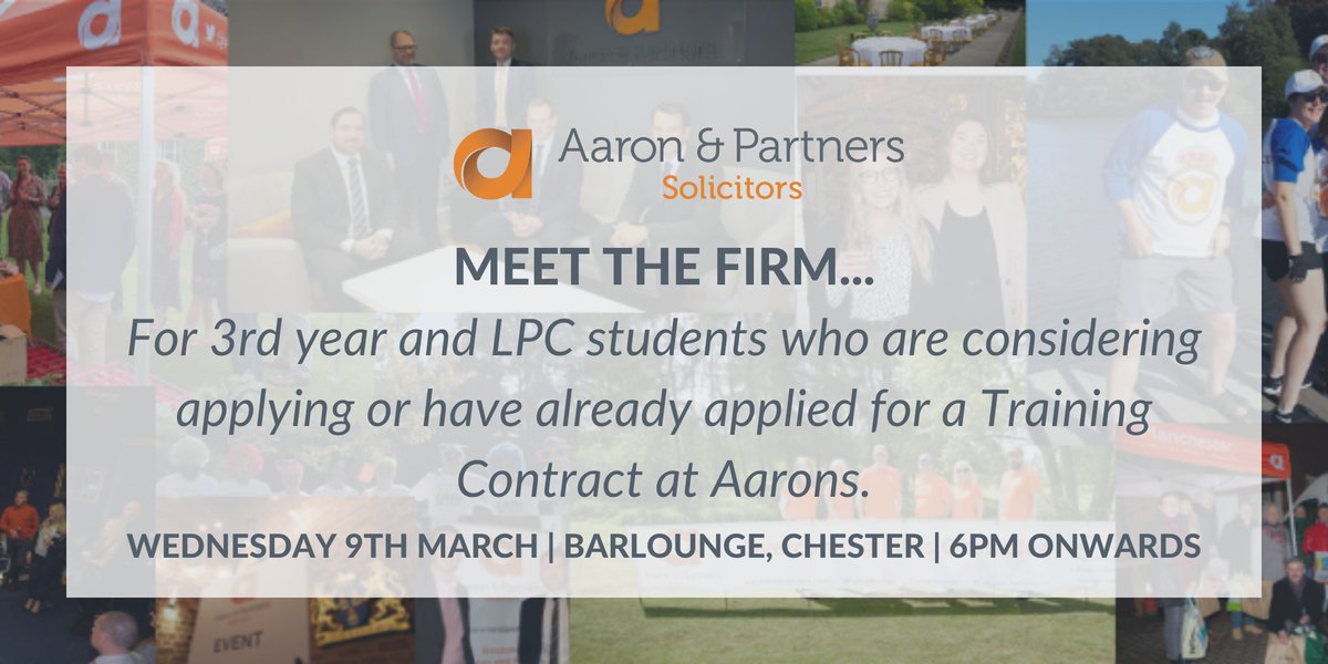 Are you a 3rd year or #LPC student looking for a #trainingcontract?💭

Join us on the 9th March at Barlounge for a chance to ask questions in a relaxed social environment to our current solicitors, ahead of applying at Aarons. ow.ly/E4S350HWqju

#traineesolicitor