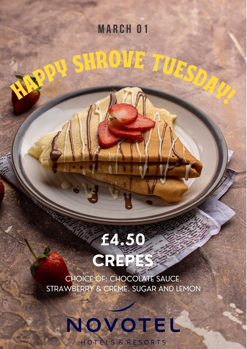 Happy #ShroveTuesday from all of us at Novotel York Centre! 
To celebrate we are offering #crepes with a choice of toppings for £4.50