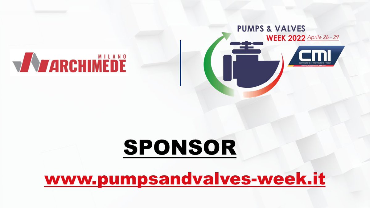 PumpsWeek's tweet photo. Archimede Milano è sponsor di Pumps &amp; Valves Week 2022.

A breve tutte le info sul nostro profilo.

Per seguire questo e tutti gli altri webinar di Pumps &amp; Valves Week 2022 iscriviti gratuitamente al form: https://t.co/WugsLUlOQj

#pumps #valves #cmi #circolazionefluidi https://t.co/ggz5fI2Ogv