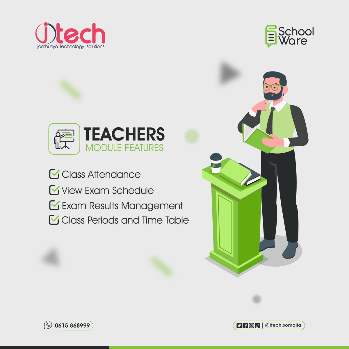Jtech_somalia's tweet photo. SchoolWare features-kiisa waxa ka mid ah 𝐓𝐞𝐚𝐜𝐡𝐞𝐫𝐬 𝐌𝐨𝐝𝐮𝐥𝐞 waa qeyb Macalinka u sahleysa in ardayda uu si fudud u qaadi karo joogista fasalka isaga oo istcimaalaya mobilkiisa gacanta.
Sido kale waxu soo xareyn karaa natiijada ardayda.
#Jtech🇸🇴 #SchoolWare #School https://t.co/WCgrK2u4pV