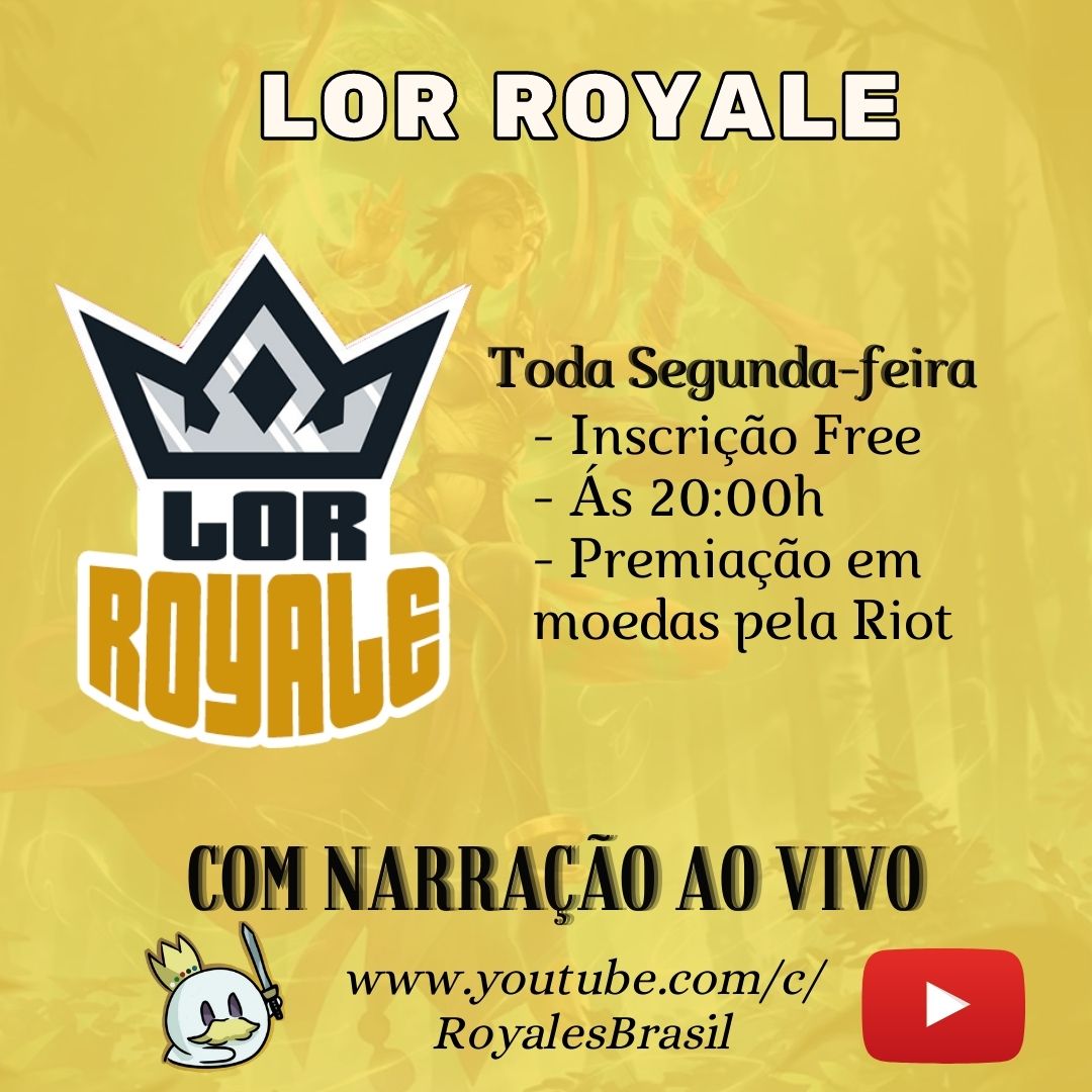 Segunda-feira é dia de LOR ROYALE 
Torneio Free ás 20:00 h e com premiação
Inscrição: bit.ly/3Hu44Ba
narração ao vivo pelo YouTube: bit.ly/3mSHKtB
<a href="/CardsRealm/">Cards Realm Brasil</a> <a href="/PlayRuneterra/">Legends of Runeterra</a> <a href="/RiotGamesBrasil/">Riot Games Brasil</a> 
#lor