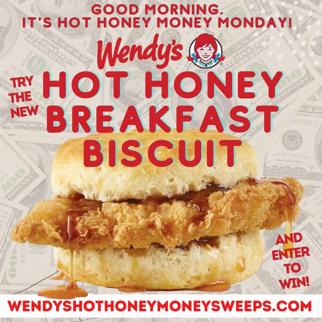 It's HOT HONEY MONEY MONDAY! 
#wendys #wendysradio #ad #paidendorser #wendyshothoneymoneysweeps #wendyshothoneymoneymonday
At participating U.S. Wendy's. No purchase necessary, see
wendyshothoneymoneysweeps.com for details.