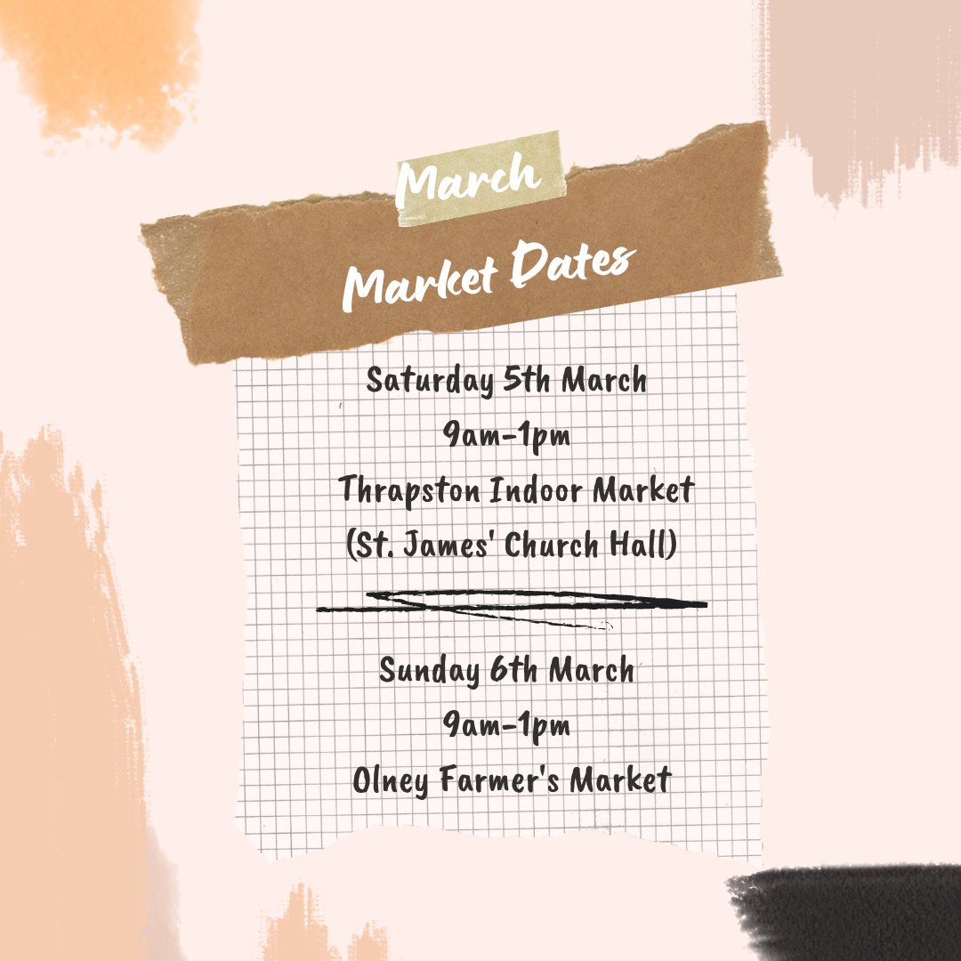 March Market Dates for your diary 📅 

#makersNorthants #Northants #MK #stallholder #craftfair #farmersmarket #Thrapston #Thrapstonindoormarket #Olney #OlneyFarmersMarket #beeswaxfoodwraps #lipbalm #waxmelts #seedbombs #beekeeper #beekeepingworkshops