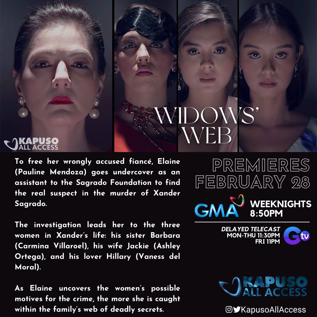 KapusoAllAccess's tweet photo. UNTANGLE THE MYSTERY!

'Widows’ Web'
Carmina Villaroel (@minavillarroel)
Ashley Ortega (@ashleyortega)
Pauline Mendoza (@iammendozapau)
Vaness del Moral

The mystery begins TONIGHT at 8:50PM on GMA Telebabad (with delayed telecast on GTV).

#WidowsWeb
#WidowsWebWorldPremiere https://t.co/I4gcqJ3zRi