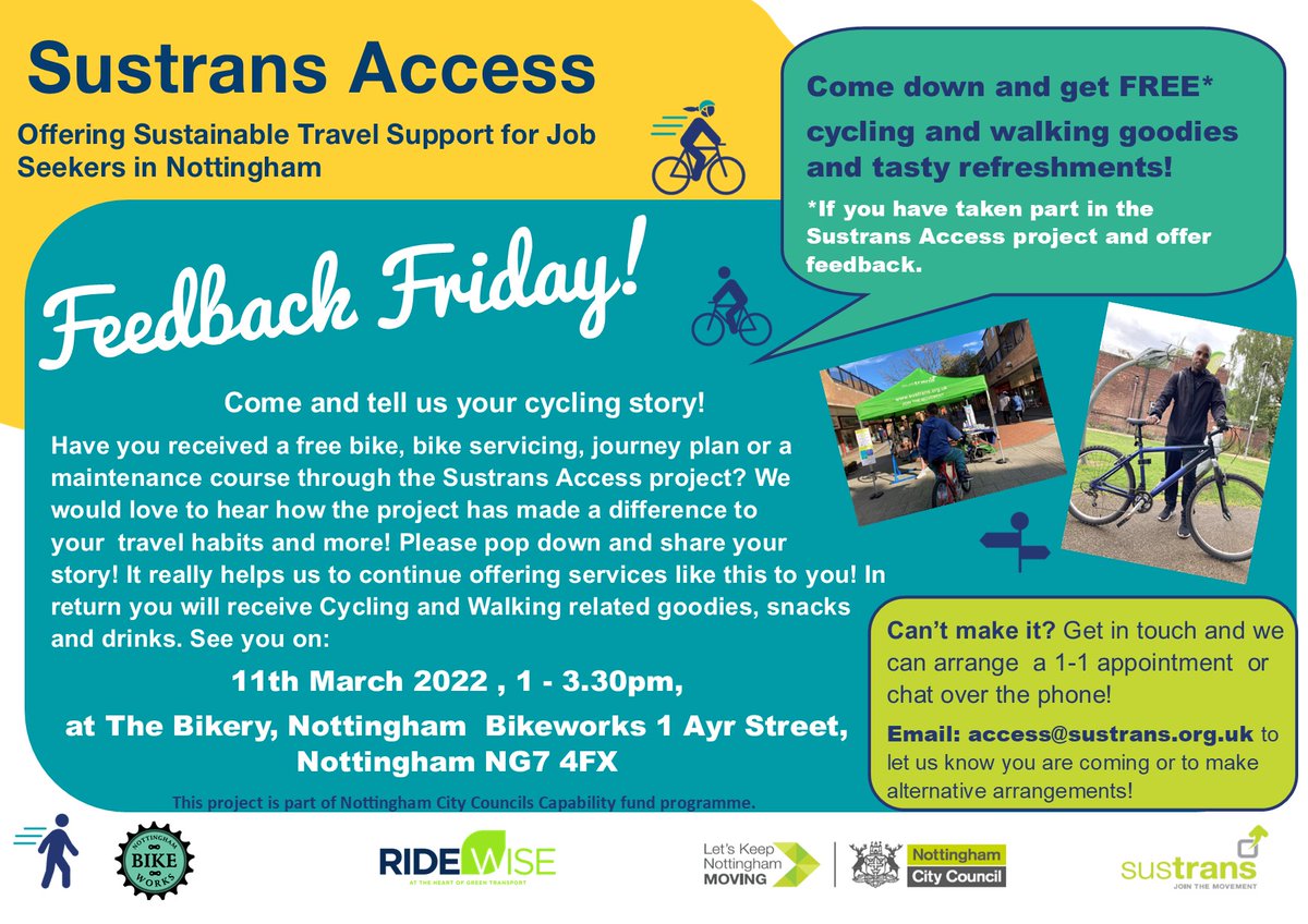 SustransEMids's tweet photo. Nottingham Jobseekers- if you received support through the #sustransaccess project we would love to hear about it ! Come along to our Feedback Friday event for a cuppa, a chat and cycling freebies! This Friday! @Transport_Nottm @nottmjobs @JCPInNotts @nottsbikeworks @RideWiseUK https://t.co/Ax87dM9FD2