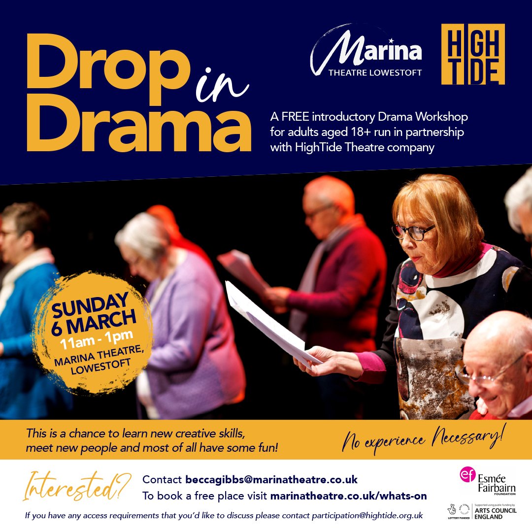 ThinkLowestoft's tweet photo. HighTide Theatre is running a FREE drama workshop for local adults @MarinaTheatre1 6/3, 11am-1pm. No experience necessary. Learn some new creative skills, meet people, have fun!
https://t.co/jcHQ8fYDjU 
@_HighTide_
#Lowestoft #LowestoftCulture #TheLeadingLight #LowestoftCreative https://t.co/gBhLqAf79S