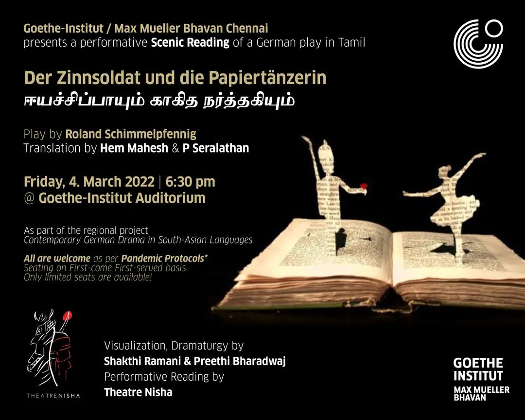 German Consul Chennai (@germanychennai) on Twitter photo CONTEMPORARY GERMAN DRAMA IN TAMIL: Scenic Reading at <a href="/GI_Chennai/">GI_Chennai</a> Auditorium on 4th March 2022 (6.30 pm). All are welcome! 1st-come, 1st-served. Info on pandemic protocols on goethe.de/chennai #theatre Nisha + Roland Schimmelpfennig #Chennai #TamilNadu CONTEMPORARY GERMAN DRAMA IN TAMIL: Scenic Reading at <a href="/GI_Chennai/">GI_Chennai</a> Auditorium on 4th March 2022 (6.30 pm). All are welcome! 1st-come, 1st-served. Info on pandemic protocols on goethe.de/chennai #theatre Nisha + Roland Schimmelpfennig #Chennai #TamilNadu