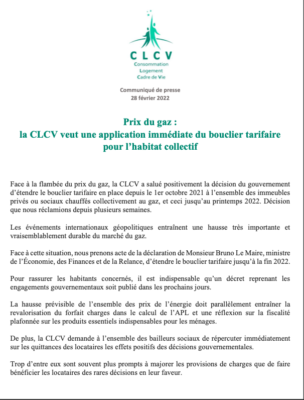 clcv_13's tweet photo. Prix du #gaz  :la CLCV veut une application immédiate du bouclier tarifaire pour l’#habitat collectif #pouvoirdachat #Energie #consommateurs https://t.co/nJxMYnstgU