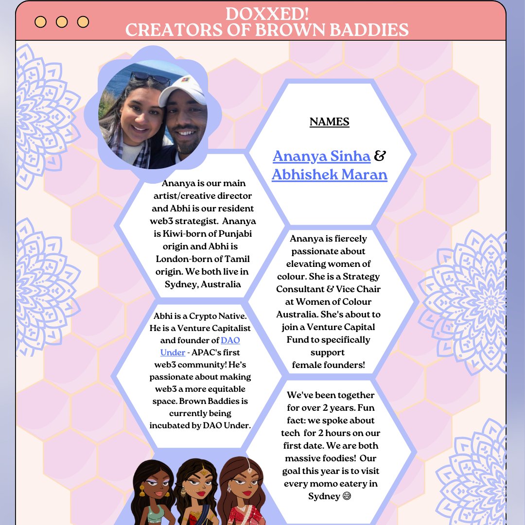 BrownBaddiesNFT's tweet photo. *DOXXED*
A lil nervous to post this, but we somehow reached 1k in a month! We're Ananya &amp; Abhi, the creators of Brown Baddies. Get to know us in the attached image/ thread! You can follow our personal accs linked in the thread and even check out our web2 identities😆on Linkedin https://t.co/JxbBZdCDuq