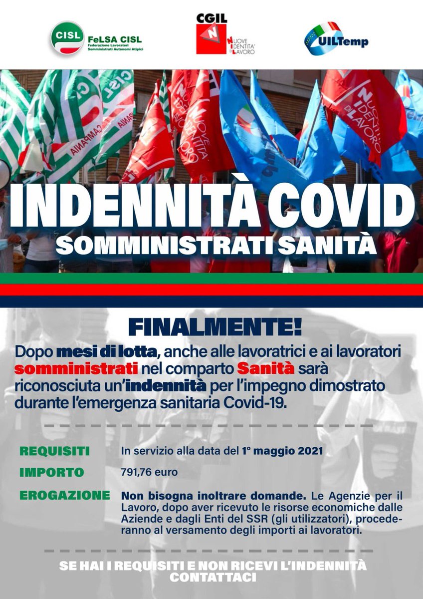 🔵🔴🟢 FINALMENTE!
Dopo mesi di lotta, anche alle lavoratrici e ai lavoratori #somministrati del comparto #Sanità, sarà riconosciuta un'indennità per l'impegno dimostrato durante l'emergenza #COVID19 
Leggi il CS: bit.ly/3HivCcP

#UILTemp <a href="/NIdiLCGIL/">NIdiL Cgil Nazionale</a> <a href="/FelsaCisl/">FeLSA Cisl Nazionale</a>
