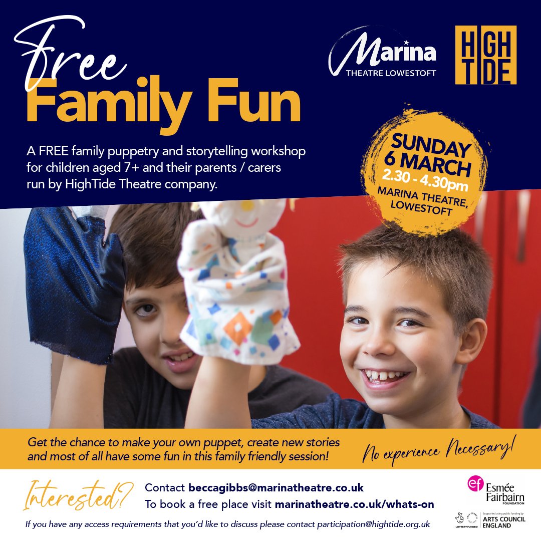ThinkLowestoft's tweet photo. HighTide are running a FREE Puppetry &amp; Storytelling event for children age 7+ and parents/carers  @MarinaTheatre1 on 6/3. Make a brand new puppet and dream up ideas!
https://t.co/jcHQ8fYDjU 
@_hightidetheatre_  
#TheleadingLight #LowestoftCreative #lowestoftculture #Lowestoft https://t.co/1EvFHEBqD8