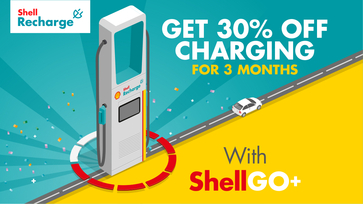Enjoy the benefit of Shell Go+ &amp; get 30% off charging for 3 months!
Take advantage of our rapid &amp; ultra-rapid chargers to keep you driving electric with confidence. For details &amp; how to activate the promotion, download the Shell Recharge App. Visit: go.shell.com/35ug0pr