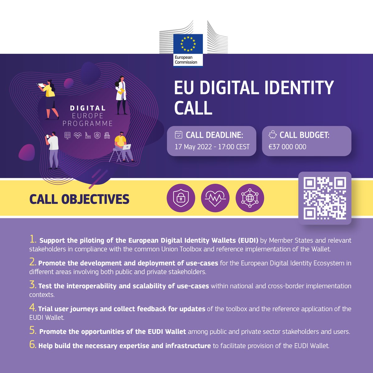 EU Digital Identity Wallet (@eudigitalid) on Twitter photo #ICYMI 👇
#EUdigitalidentity call!
 Focus areas include:
•Mobile Driving Licence
•eHealth
•Payments
•Education/Professional Qualifications
⏳Deadline 17 May 2022 
💶EUR 37 million
🗓️Duration 24 months
🖱️europa.eu/!kQMKQg or scan the QR code below! #ICYMI 👇
#EUdigitalidentity call!
 Focus areas include:
•Mobile Driving Licence
•eHealth
•Payments
•Education/Professional Qualifications
⏳Deadline 17 May 2022 
💶EUR 37 million
🗓️Duration 24 months
🖱️europa.eu/!kQMKQg or scan the QR code below!