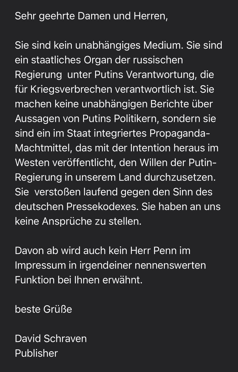 Russia Today verlangt von uns, dass wir einen Faktencheck löschen, in dem wir die RT-Desinformation aufgreifen, das Städten und Zivilisten in der Ukraine angeblich keine Gefahr von Putins Armee droht. Das ist unsere Antwort.