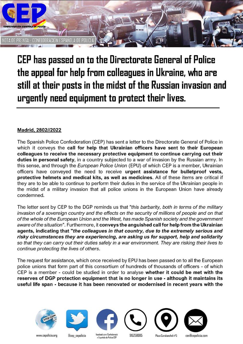 cep_cepolicia's tweet photo. 🚨 In @cep_cepolicia we have passed on to the spanish DGP the call for help from colleagues of the #Ukraine, which they sent us via @EPUPoliceUnion , to help them with protection material in these days when they are risking their lives protecting the lives of others. https://t.co/vzvTFgQeX1