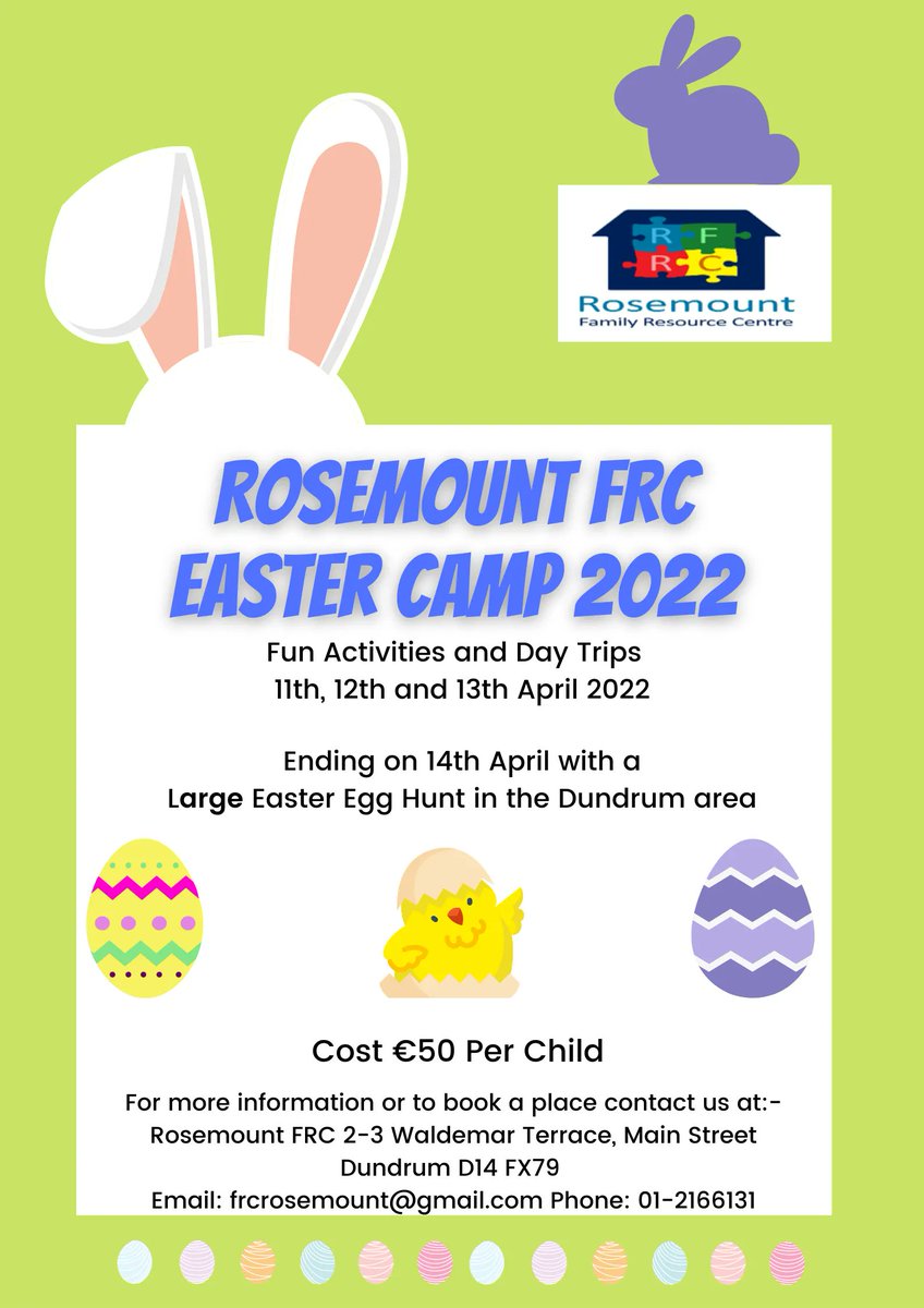 Balally FRC (@balallyfrc) on Twitter photo Rosemount Family Resource Centre Easter Camp. Fun activities and Day Trips - 11th-14th April.
Cost: €50 per child
To book, contact: frcrosemount@gmail.com or call: 02 216 6131 Rosemount Family Resource Centre Easter Camp. Fun activities and Day Trips - 11th-14th April.
Cost: €50 per child
To book, contact: frcrosemount@gmail.com or call: 02 216 6131