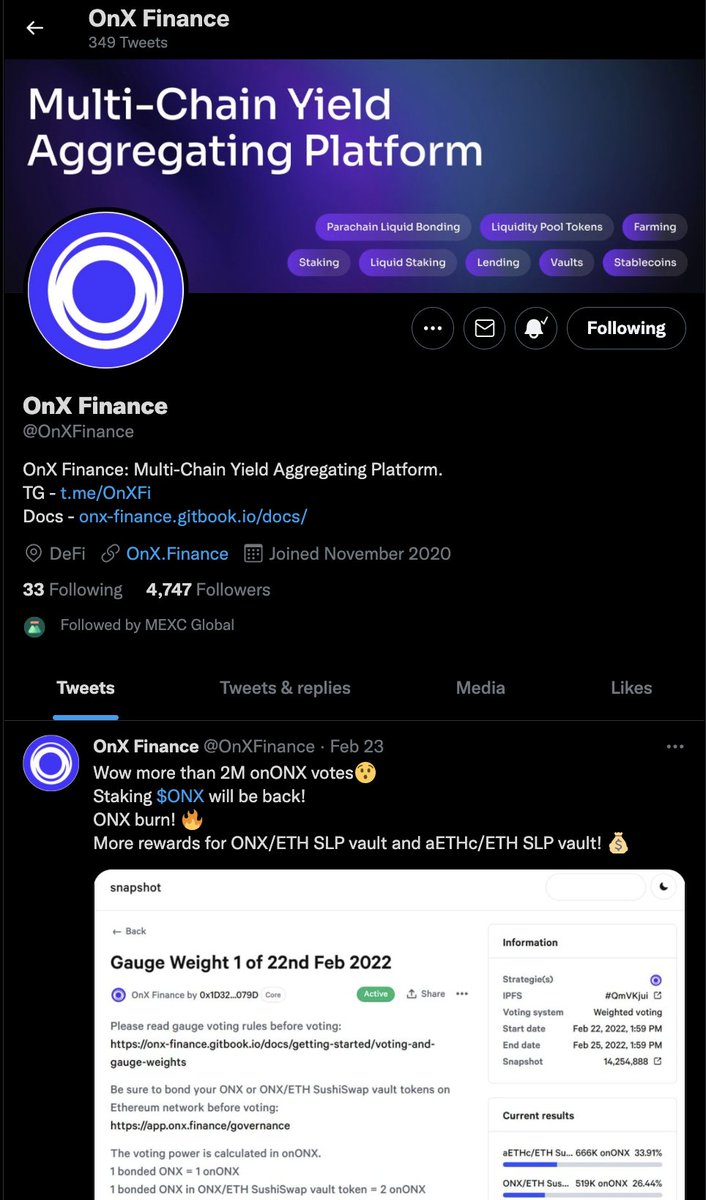 CryptoCha1ns's tweet photo. (11/13) OnX Finance'ın twitter ve telegram adreslerini incelediğimizde projenin sosyal medyada aktif olduklarını ve projenin güzel bir #communitye sahip olduğunu görüyoruz. https://t.co/JfHzpx8koW